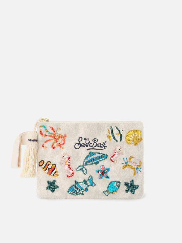 Pouch Pearl bianca con motivi marini in perline
