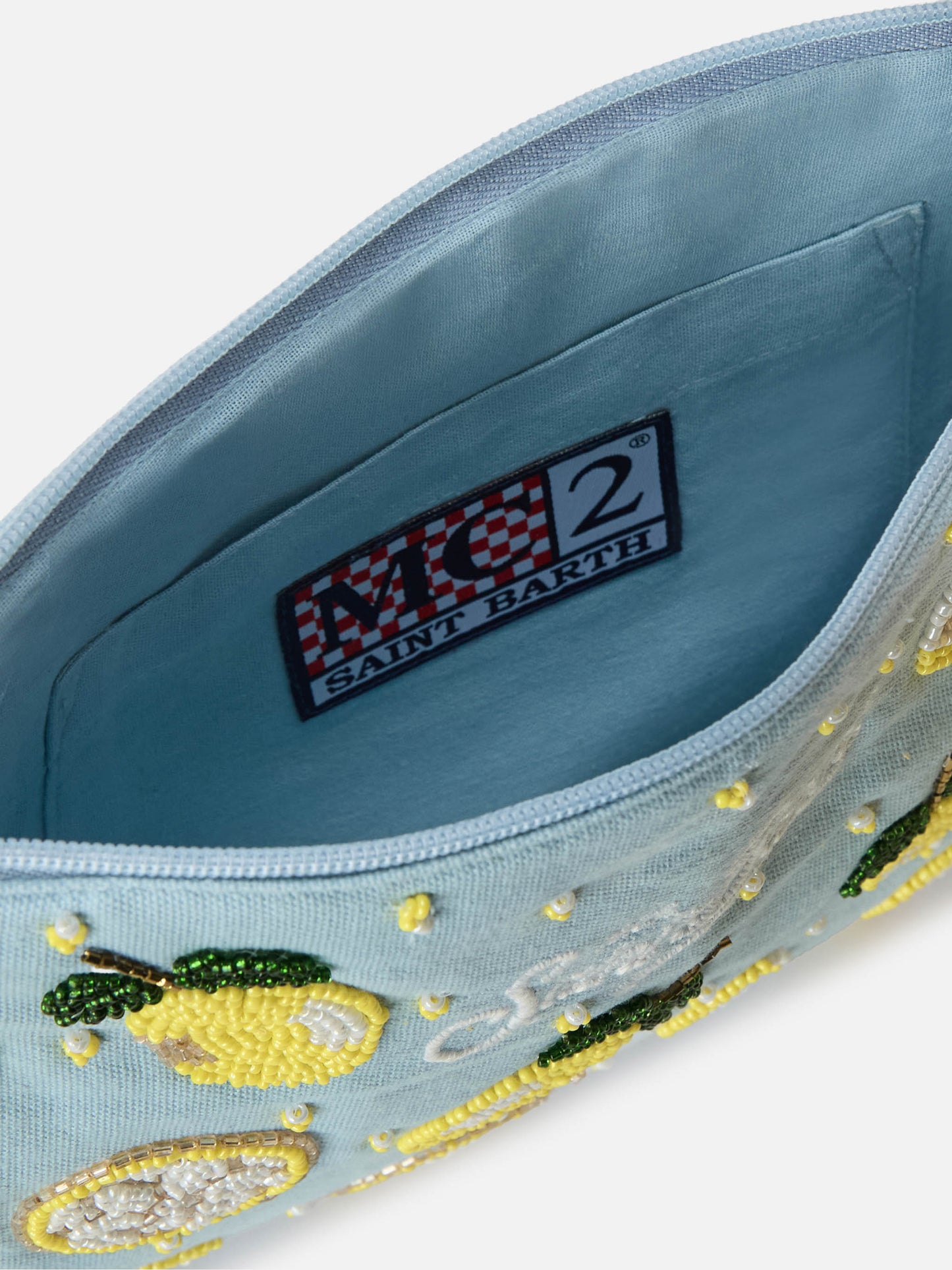 Light blue Pouch Pearl with beaded lemons