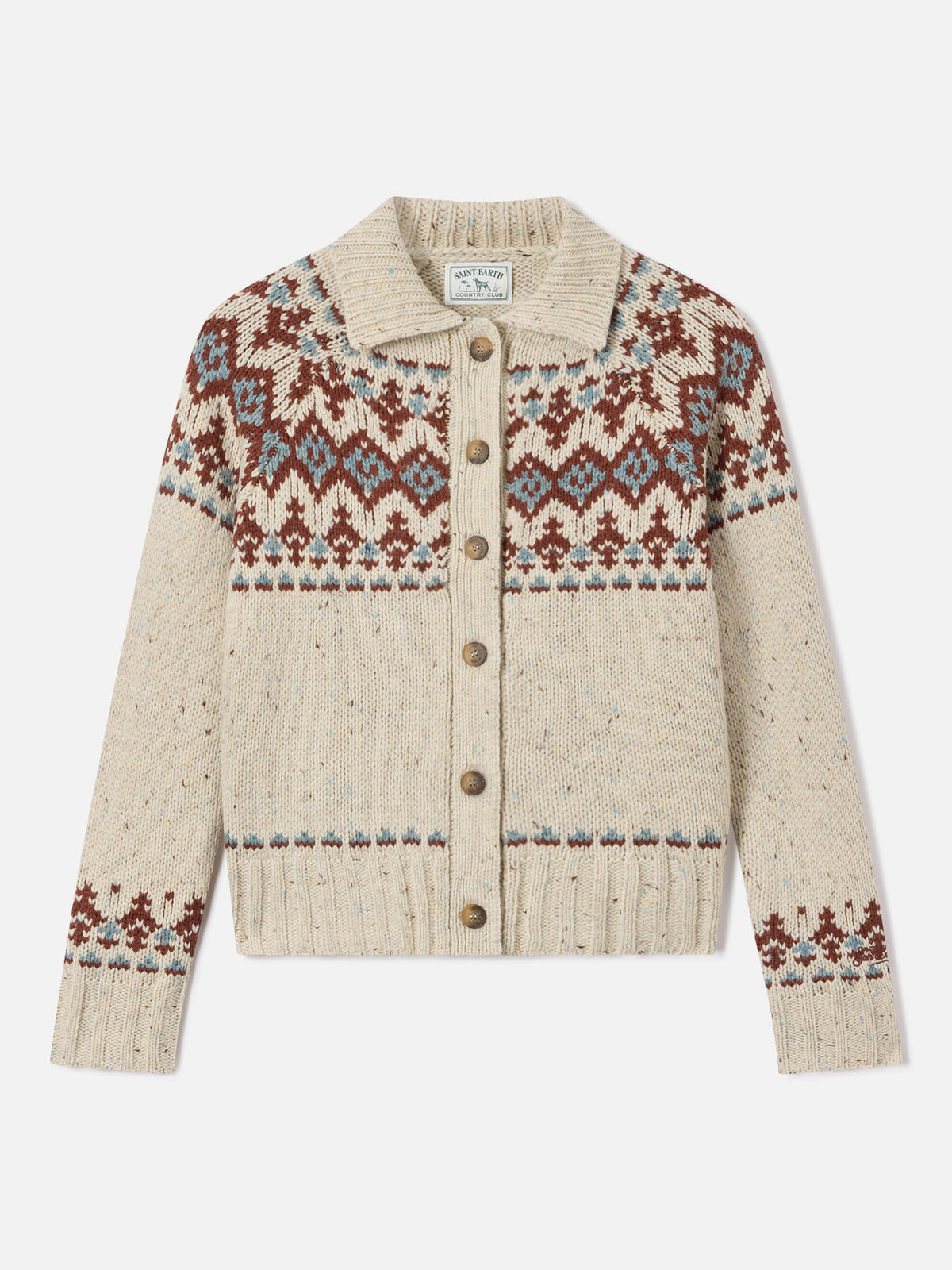 Cardigan Patty in misto lana Donegal con motivo fair isle