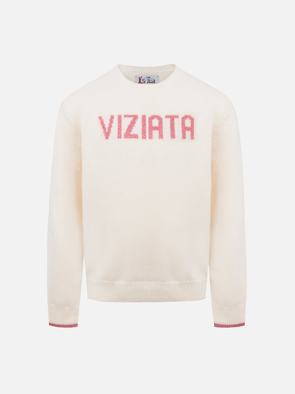 Girl white crewneck sweater Princess with Viziata lurex print