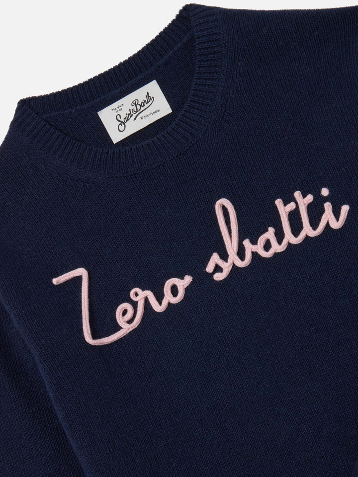 Princess crewneck knitwear in navy blue with Zero Sbatti embroidery