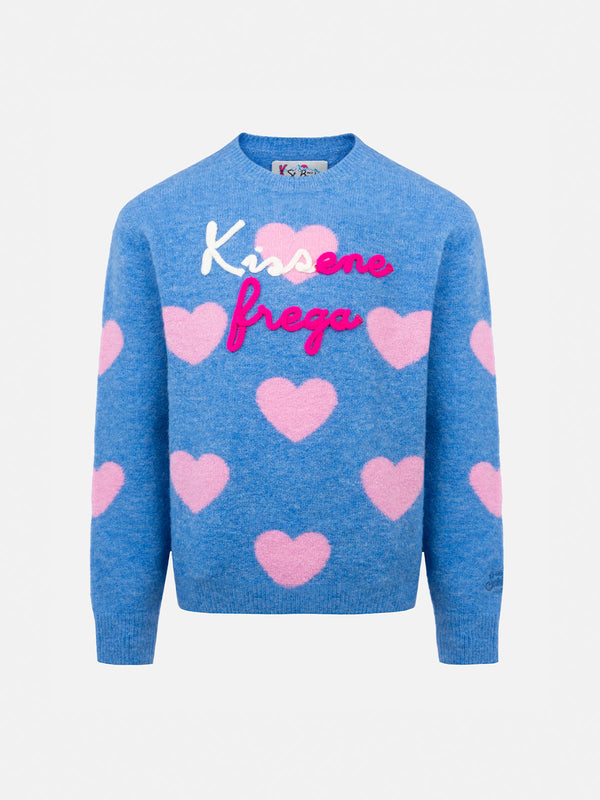 Girl light blue crewneck sweater Princess with Kisssene frega embroidery