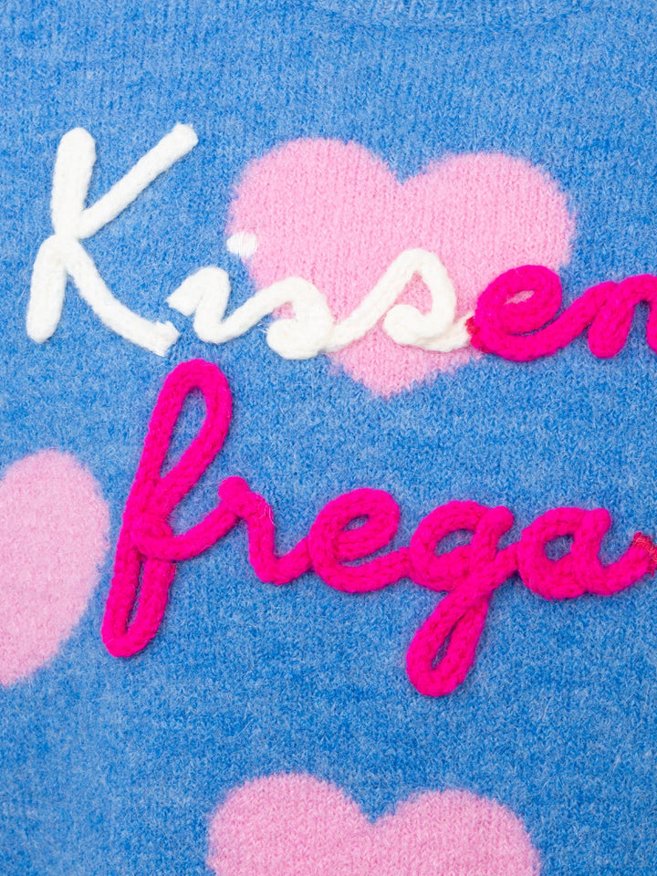 Girl light blue crewneck sweater Princess with Kisssene frega embroidery