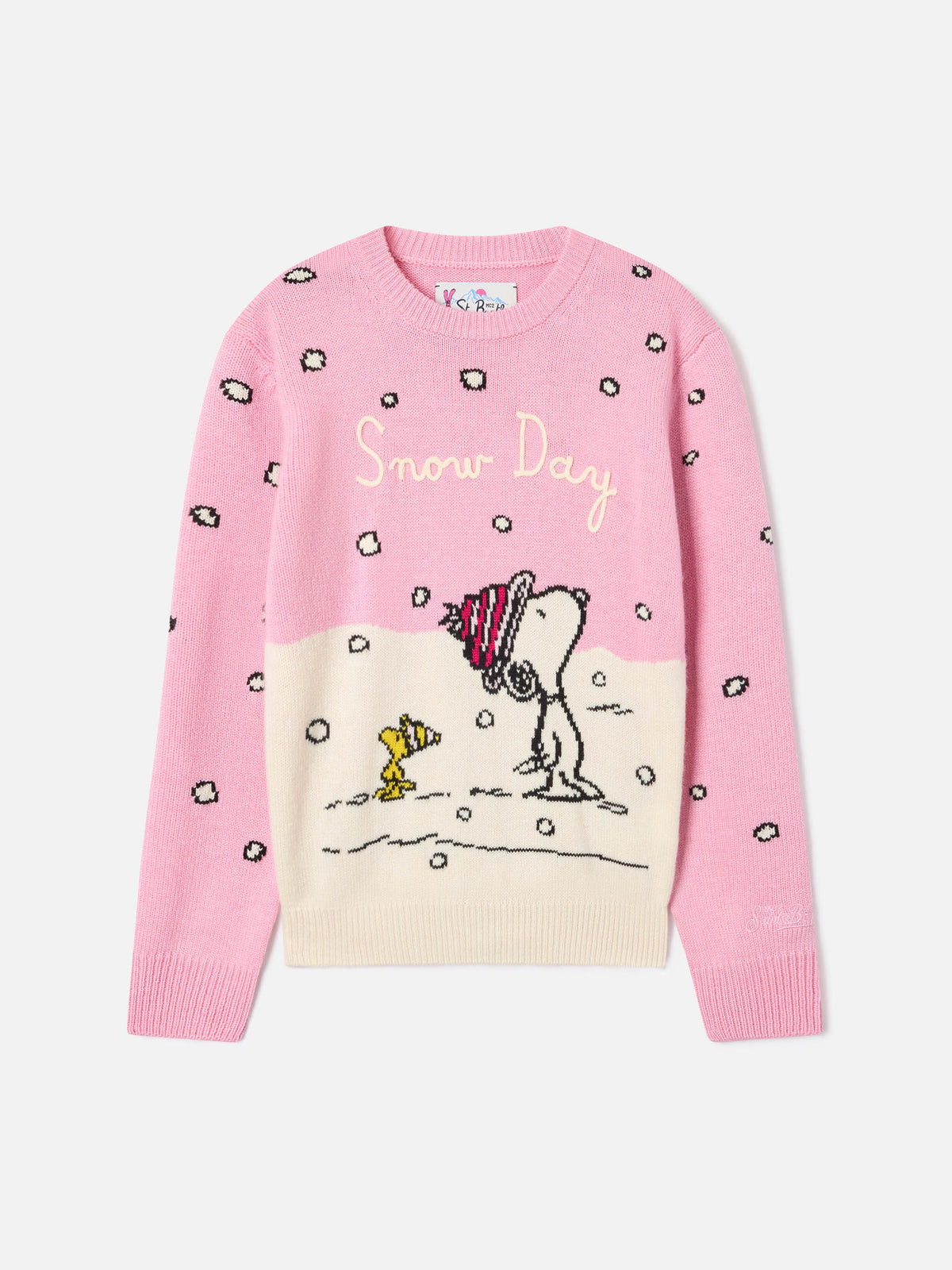 Pink Princess Rundhals-Strickpullover mit Snoopy-Intarsie und Stickerei | Special edition 
