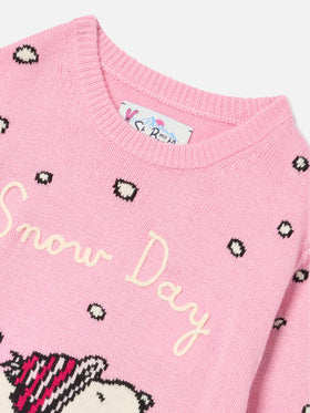 Pink Princess Rundhals-Strickpullover mit Snoopy-Intarsie und Stickerei | Special edition 
