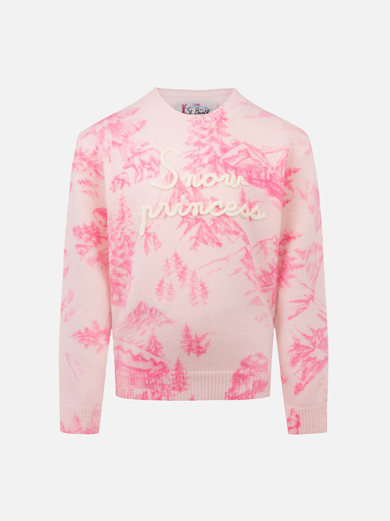 Maglione girocollo rosa da bambina Princess con stampa toile de jouy e ricamo Snow Princess