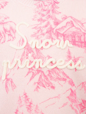 Girl pink crewneck sweater Princess with toile de jouy print and Snow Princess embroidery