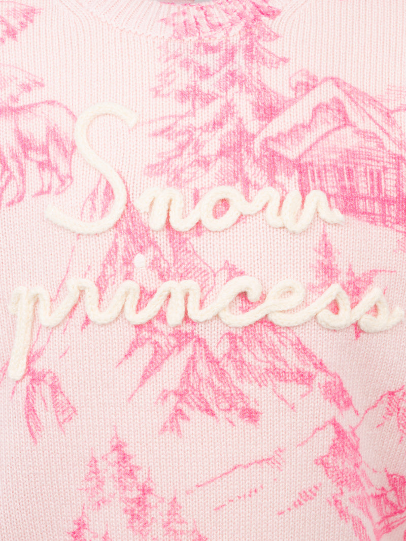 Maglione girocollo rosa da bambina Princess con stampa toile de jouy e ricamo Snow Princess