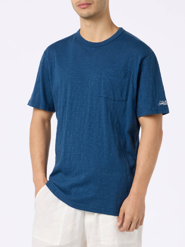 Man blue flamed cotton t-shirt President with embroidery