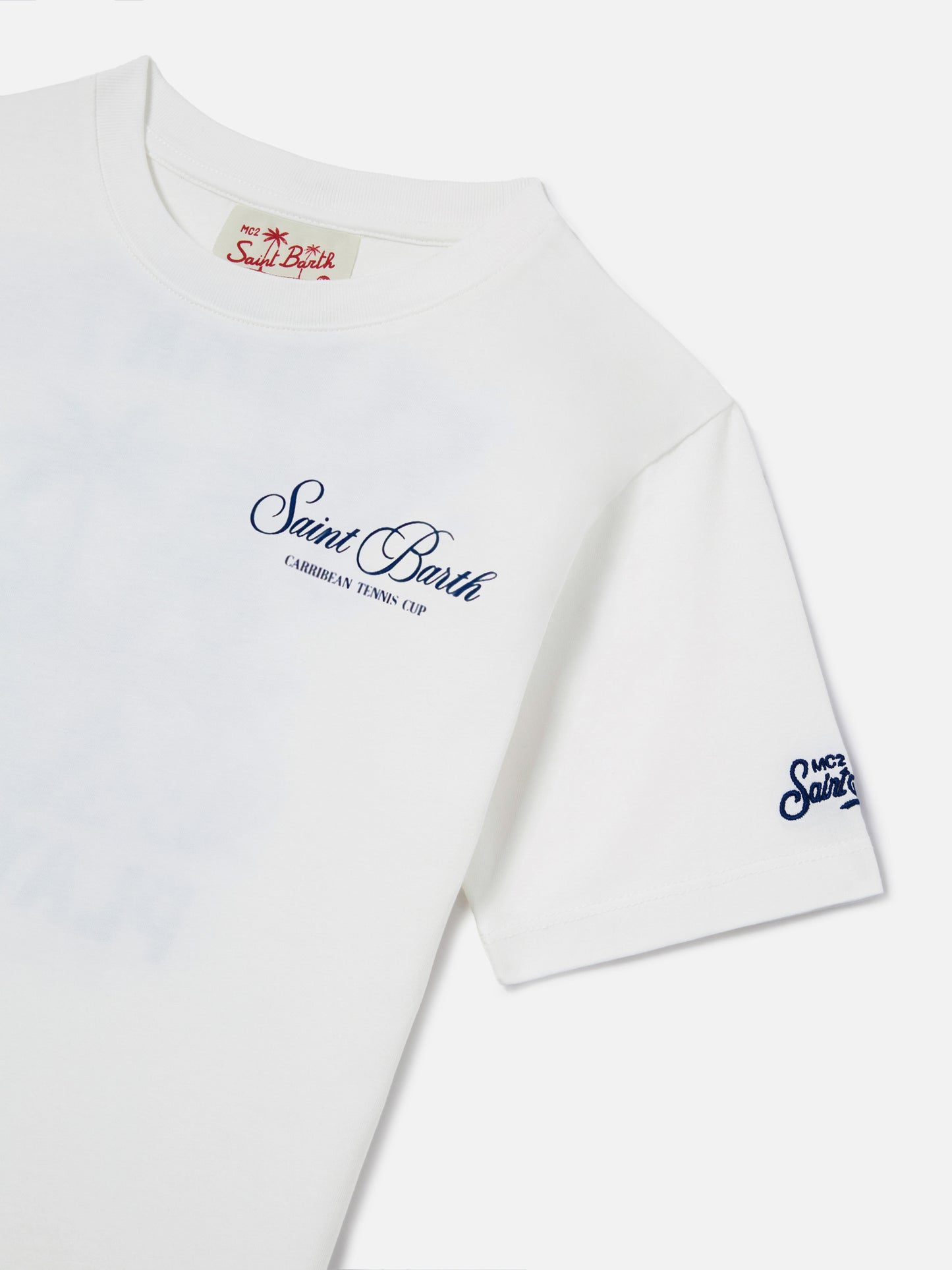 White Portland Jr t-shirt with Caribbean Tennis Cup print