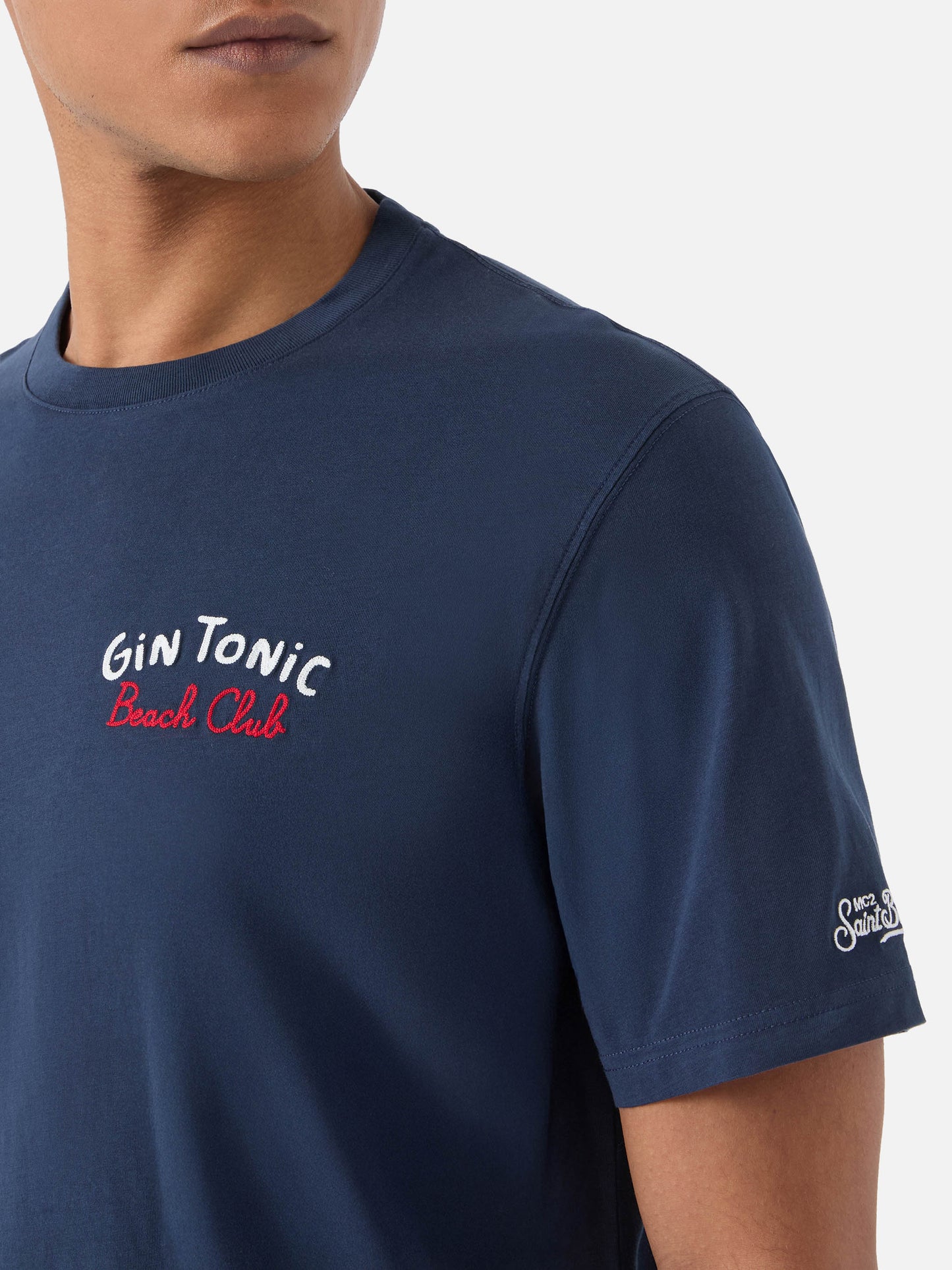 T-shirt Portland blu con ricamo Gin Tonic Beach Club fronte e retro