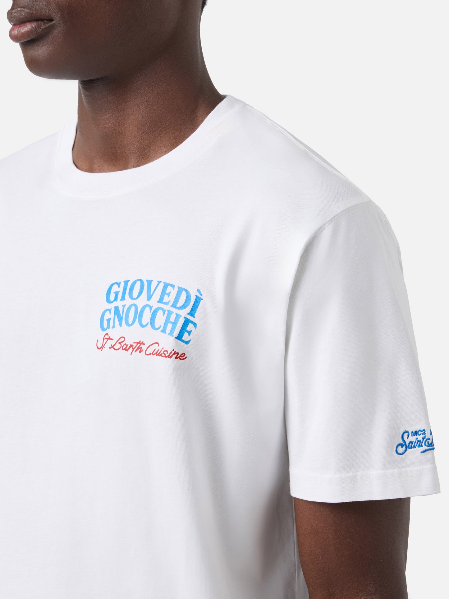 White Portland t-shirt with Giovedì Gnocche illustration