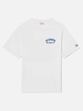 White Portland t-shirt with St. Barth Bottoms Up print