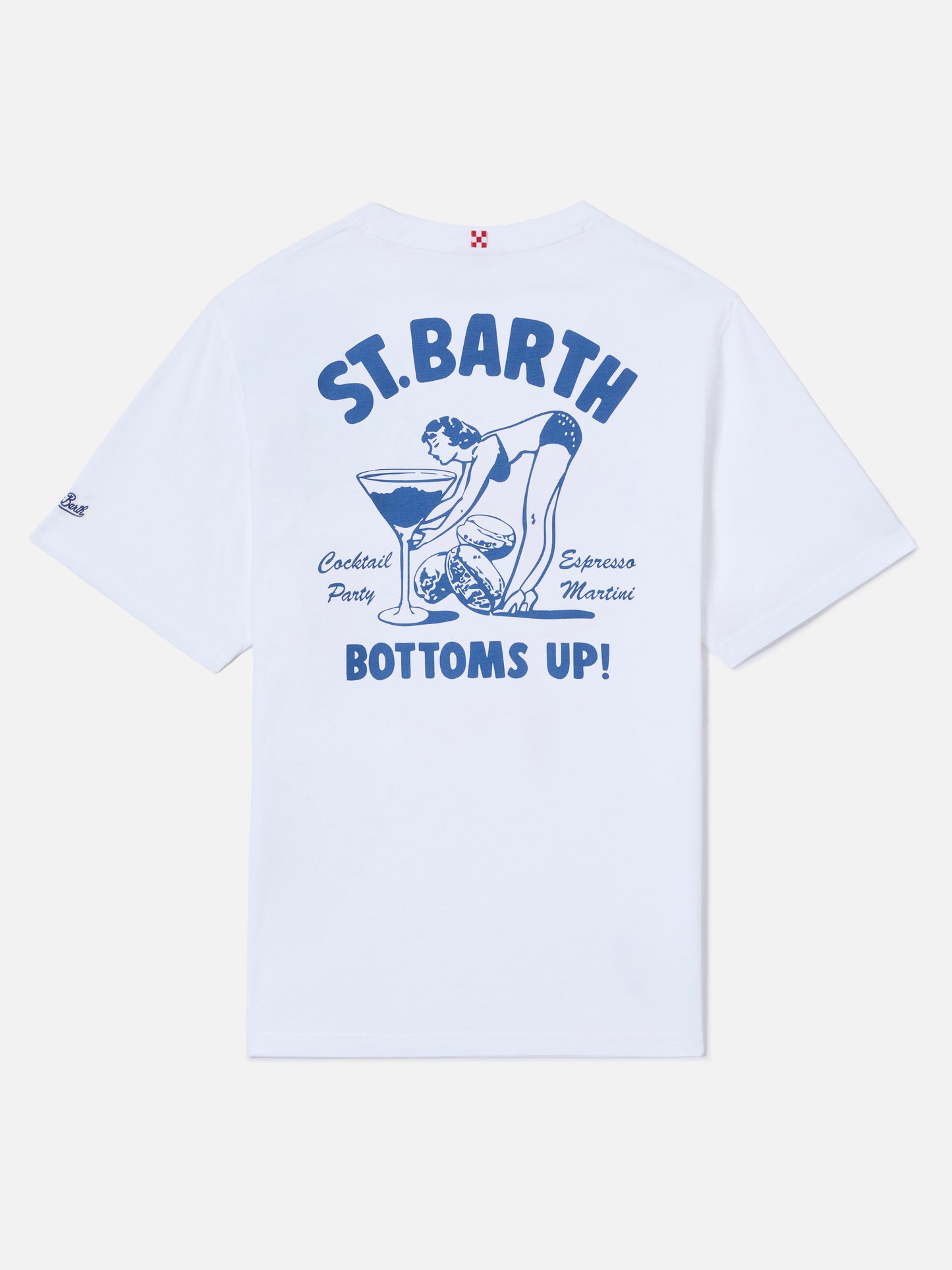 White Portland t-shirt with St. Barth Bottoms Up print