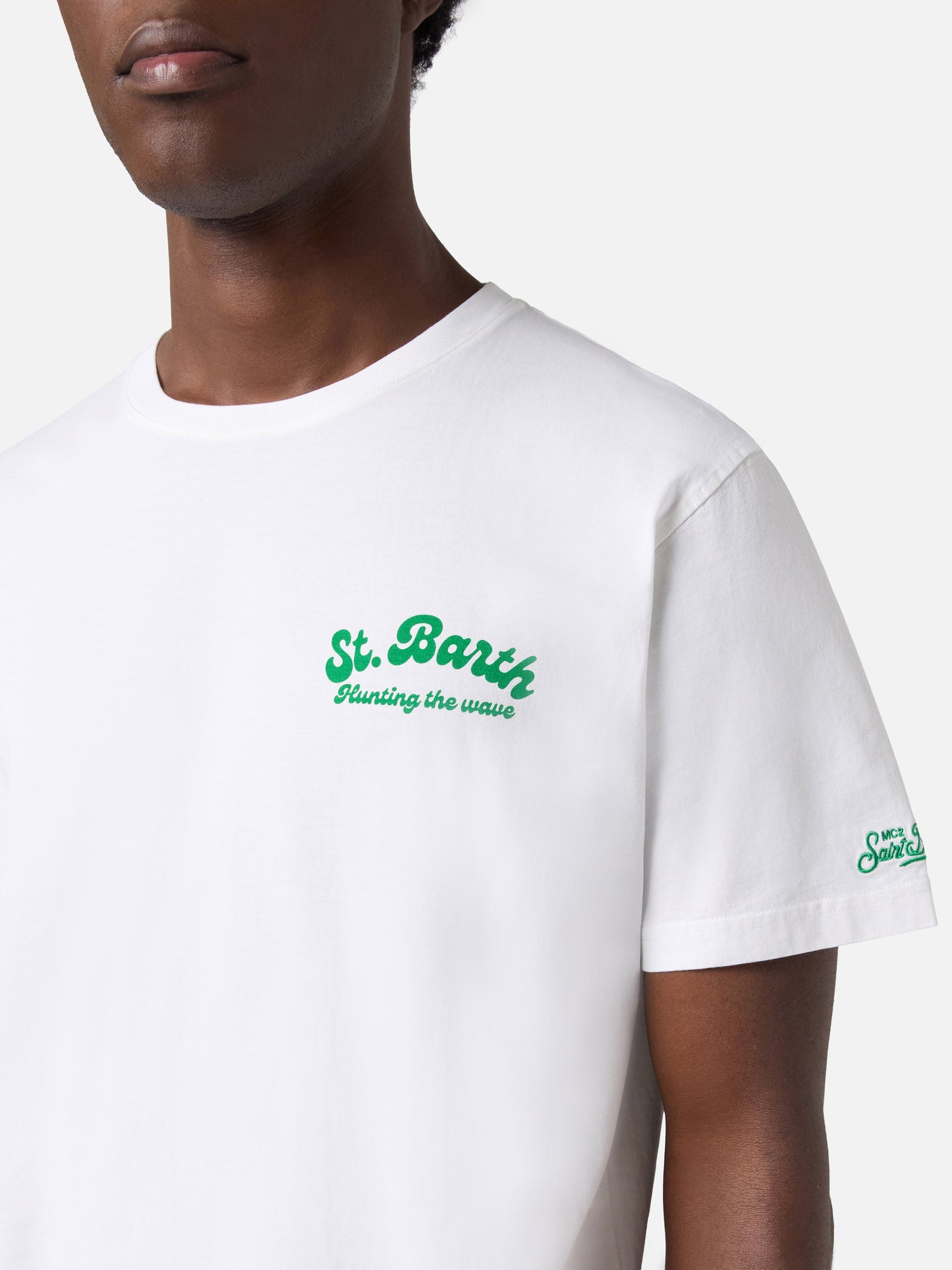 White Portland t-shirt with Surf Lessons Free print