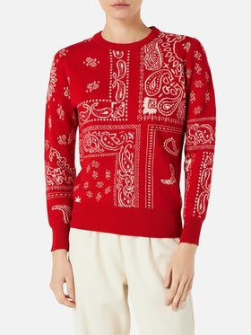 Woman sweater with red bandanna jacquard