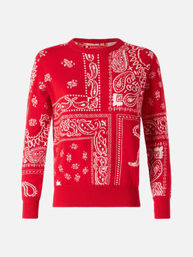 Woman sweater with red bandanna jacquard