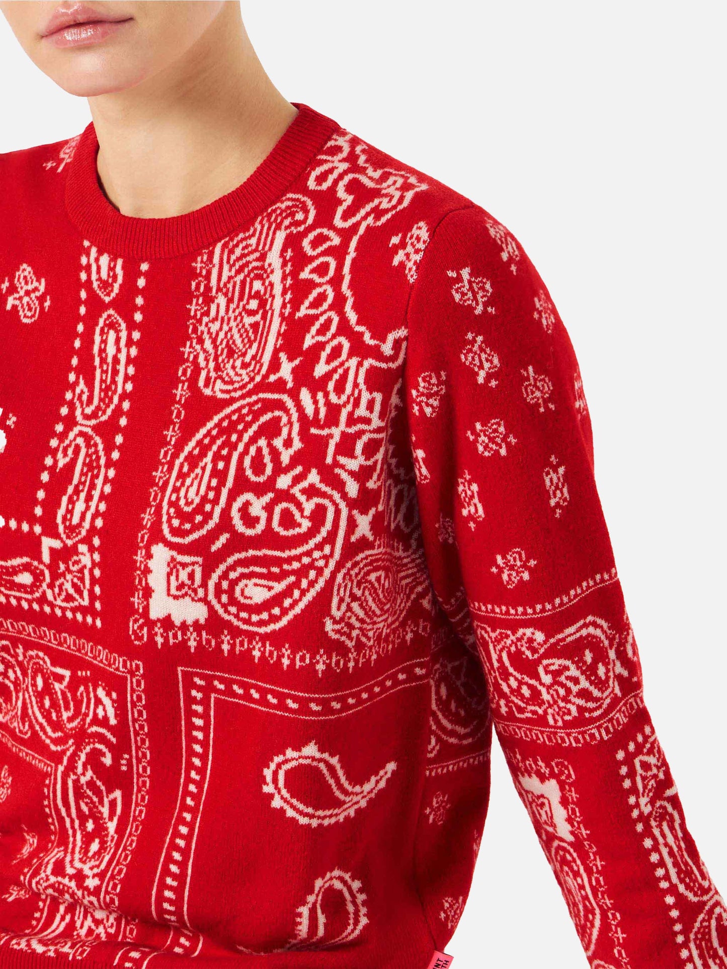 Woman sweater with red bandanna jacquard