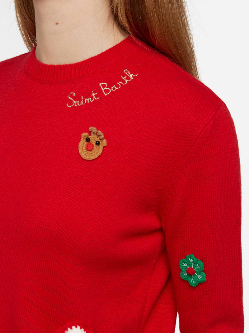 Woman brushed sweater with Dear Santa list embroidery