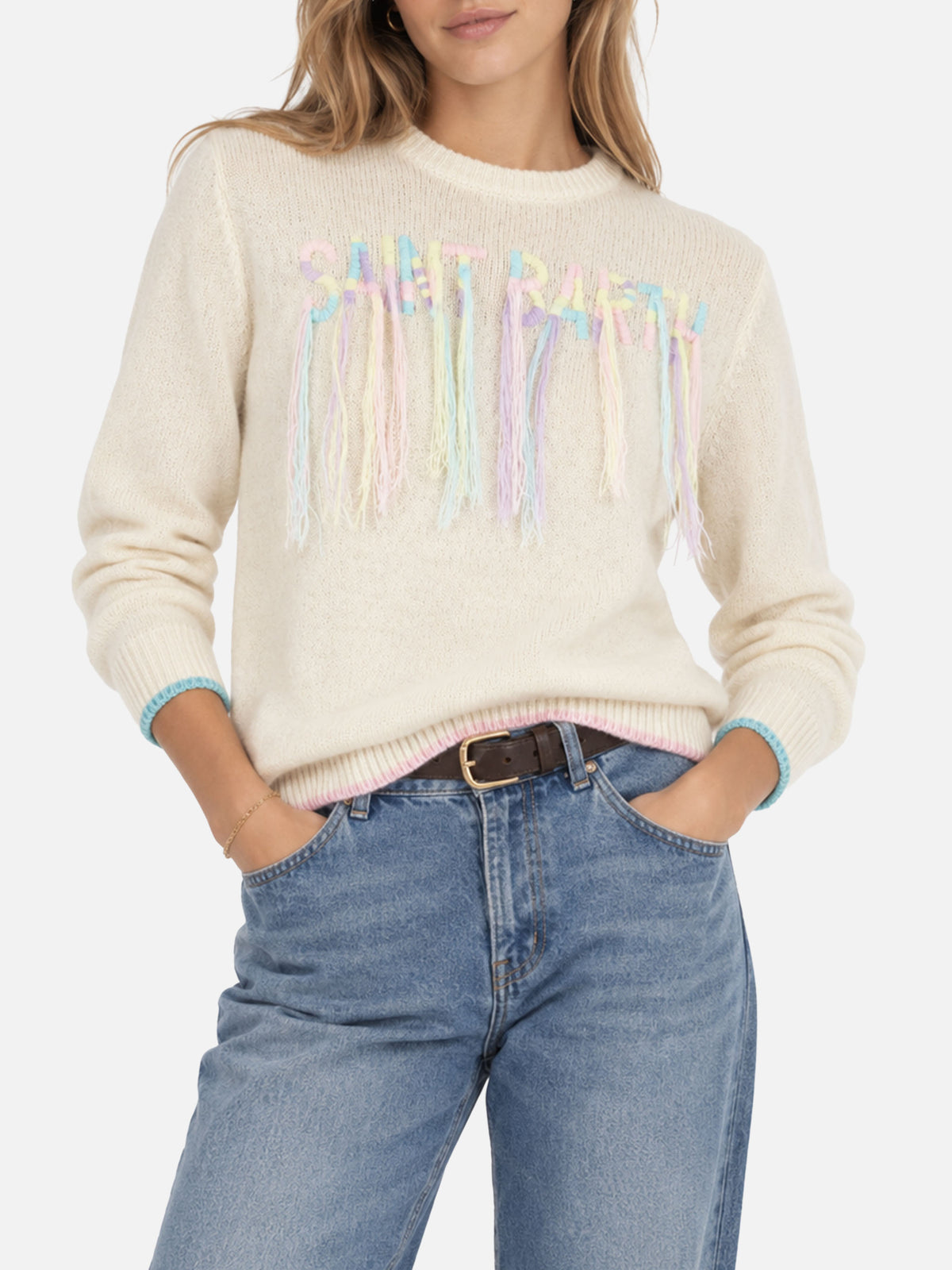 Brushed crewneck with Saint Barth fringed embroidery
