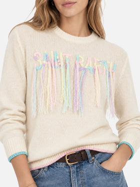 Brushed crewneck with Saint Barth fringed embroidery