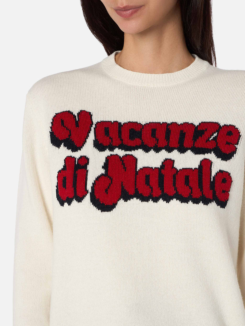 Woman white sweater New Queen with Vacanze di Natale logo print | VACANZE DI NATALE SPECIAL EDITION