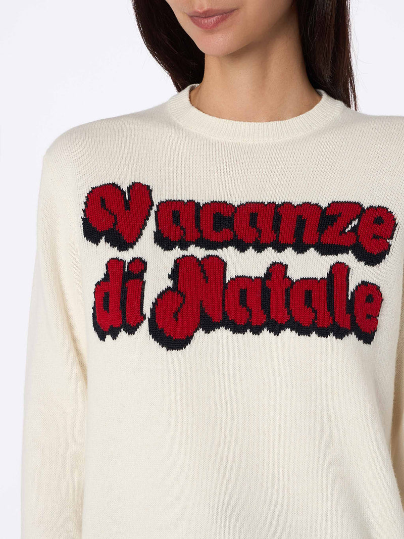 Woman white sweater New Queen with Vacanze di Natale logo print | VACANZE DI NATALE SPECIAL EDITION