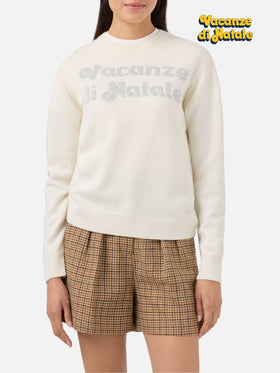 New Queen-Pullover aus Kaschmirmischung in Weiß mit Vacanze di Natale-Jacquard | VACANZE DI NATALE SONDERAUSGABE