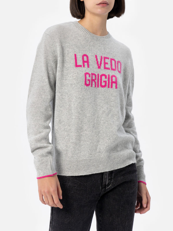 Maglione grigio da donna New Queen con stampa La vedo grigia