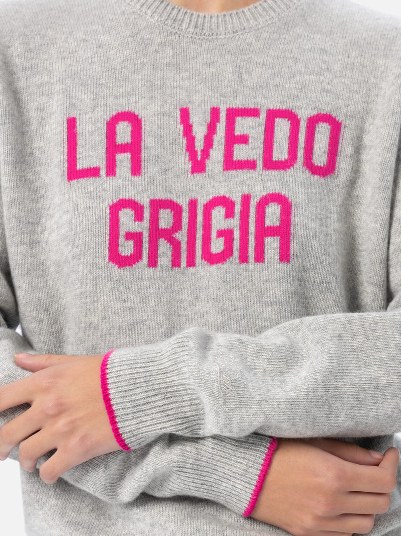 Maglione grigio da donna New Queen con stampa La vedo grigia