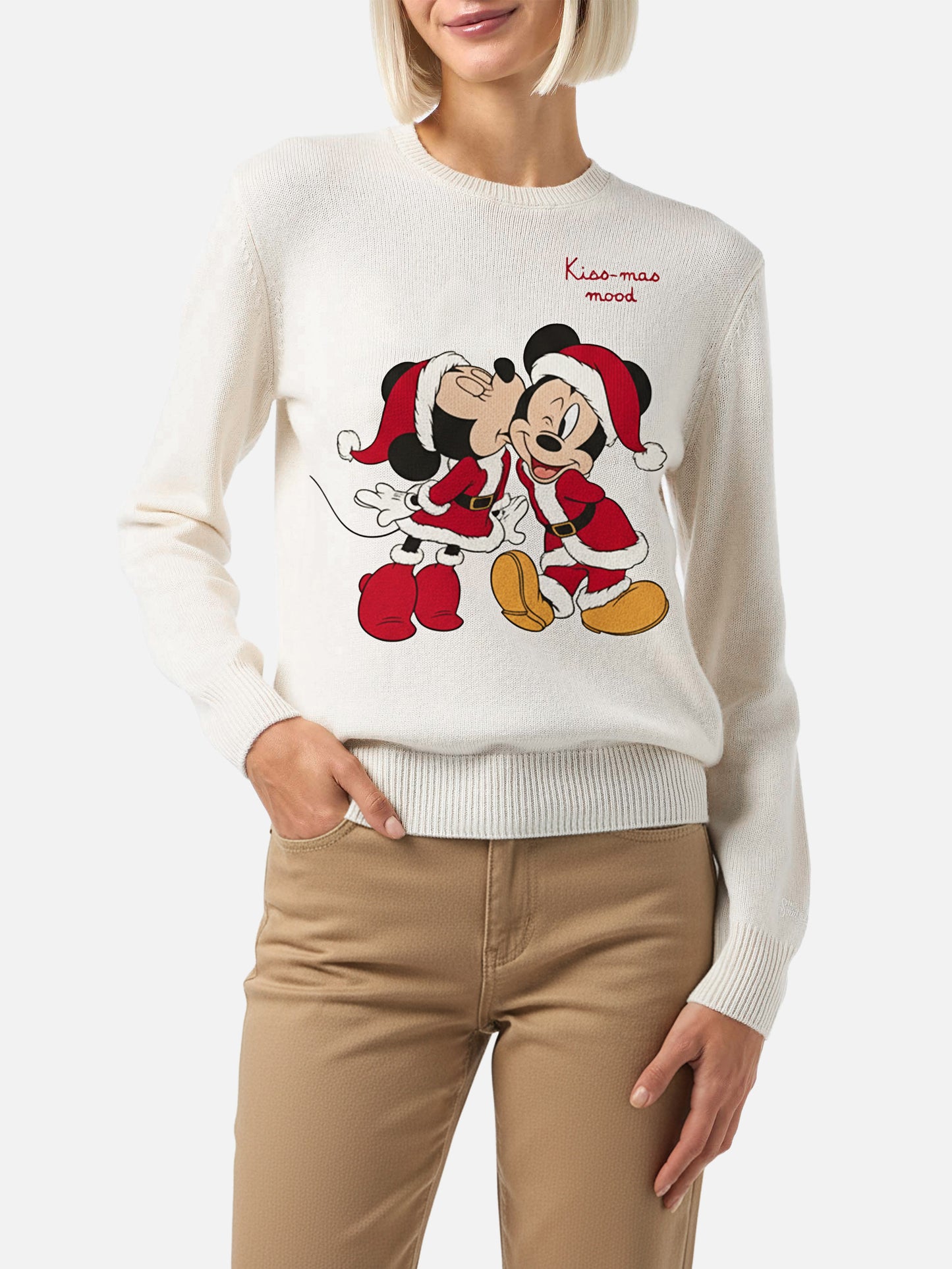 Neues Queen-Rundhalsband in Weiß mit Minnie- und Mickey-Jacquardmuster | DISNEY SPECIAL EDITION