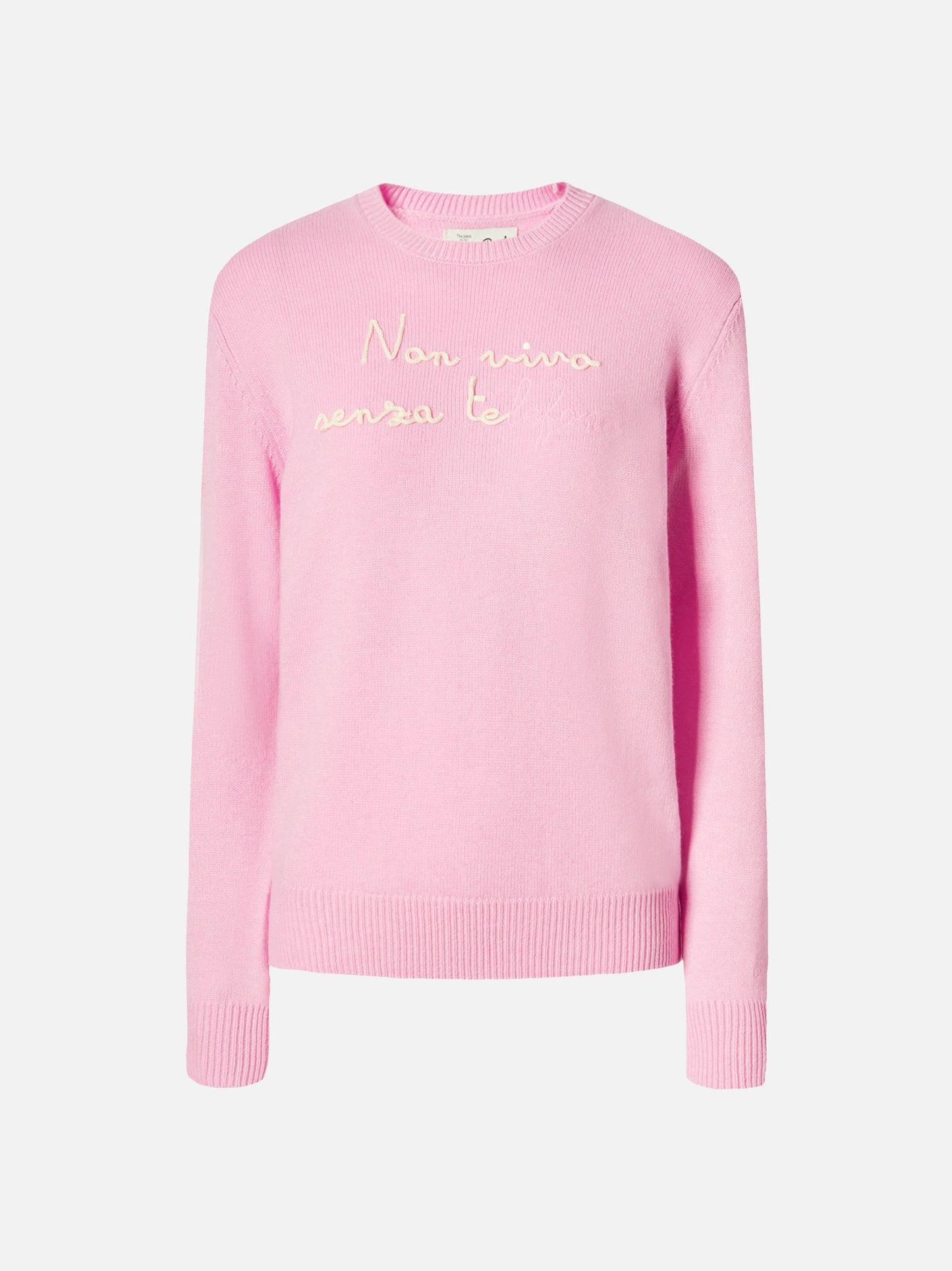 New Queen cashmere-blend sweater in pink with Non vivo senza te(lefono) embroidery