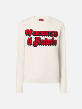 New Queen cashmere-blend sweater in white with Vacanze di Natale jacquard | VACANZE DI NATALE SPECIAL EDITION