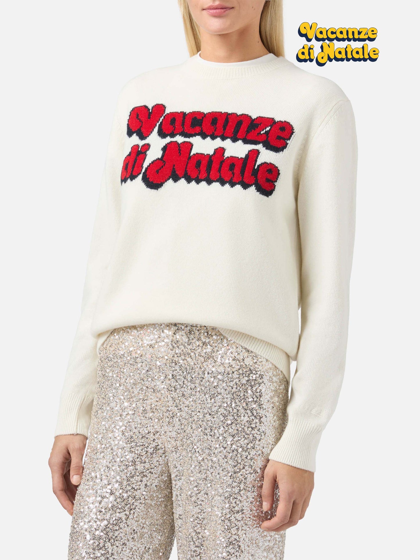 New Queen-Pullover aus Kaschmirmischung in Weiß mit Vacanze di Natale-Jacquard | VACANZE DI NATALE SONDERAUSGABE