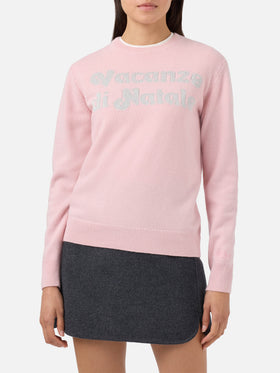 New Queen cashmere-blend crewneck in pink with Vacanze di Natale lurex jacquard | VACANZE DI NATALE SPECIAL EDITION