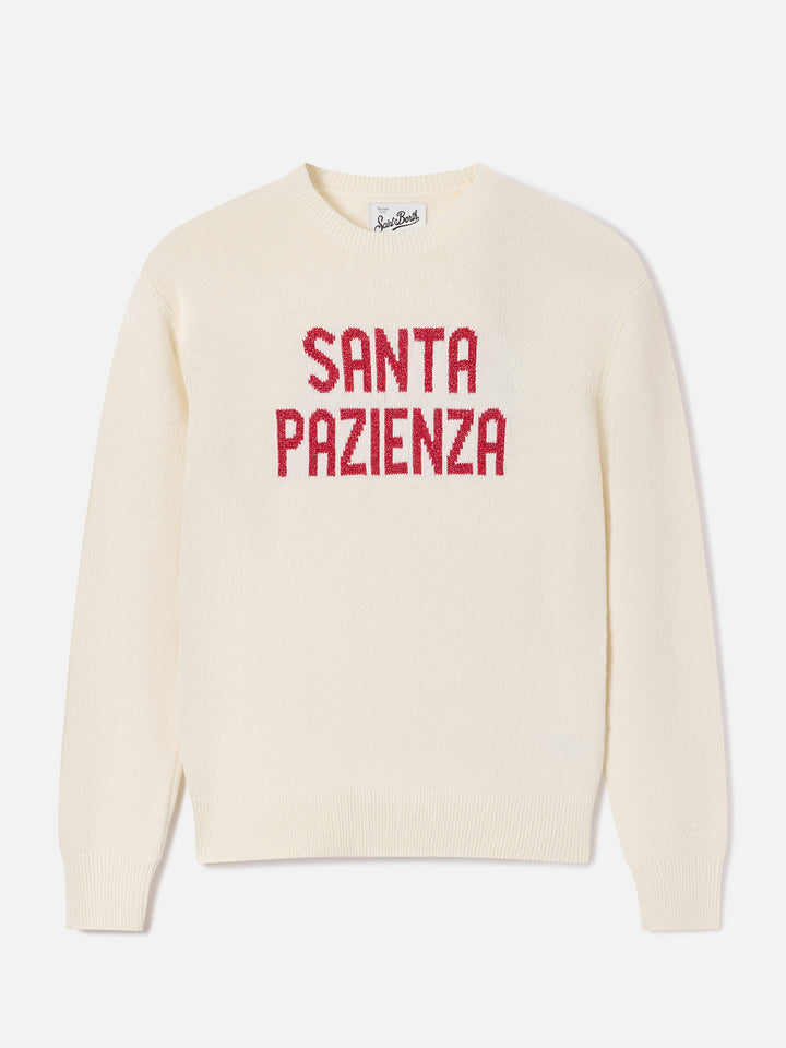 Off white New Queen crewneck knit with Santa Pazienza lurex embroidery