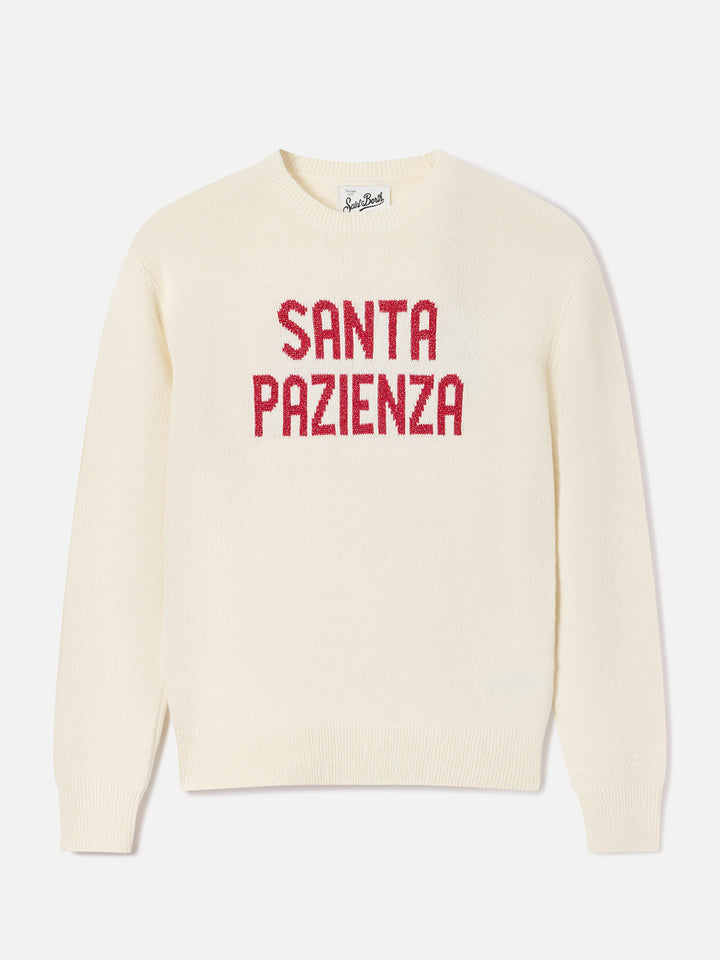 Pull en maille à col rond New Queen écru avec broderie lurex Santa Pazienza 