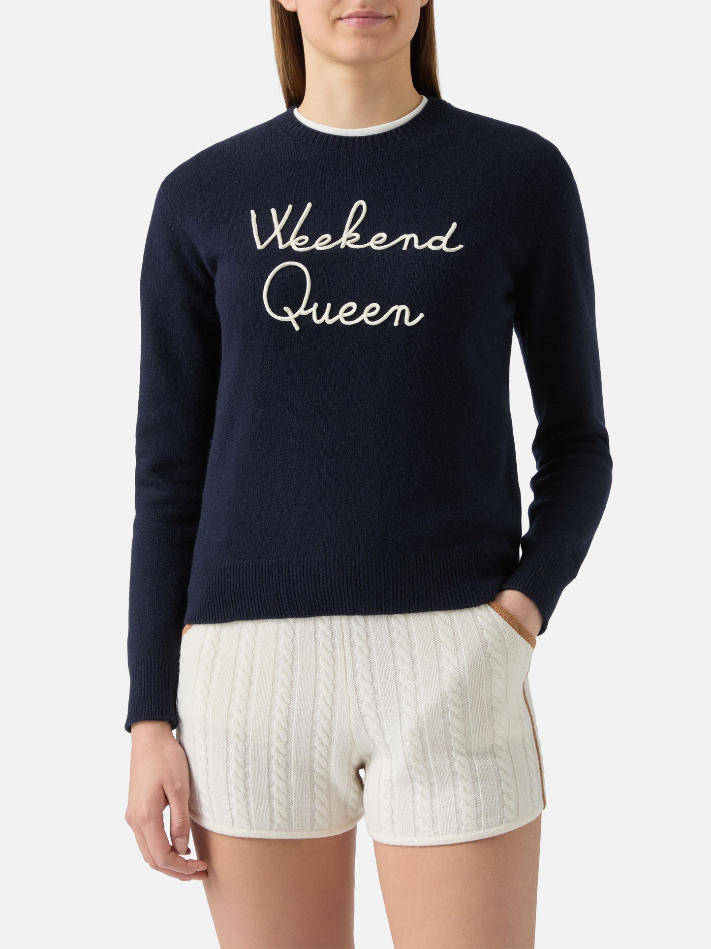 Maglione New Queen in misto cashmere blu con ricamo Weekend Queen