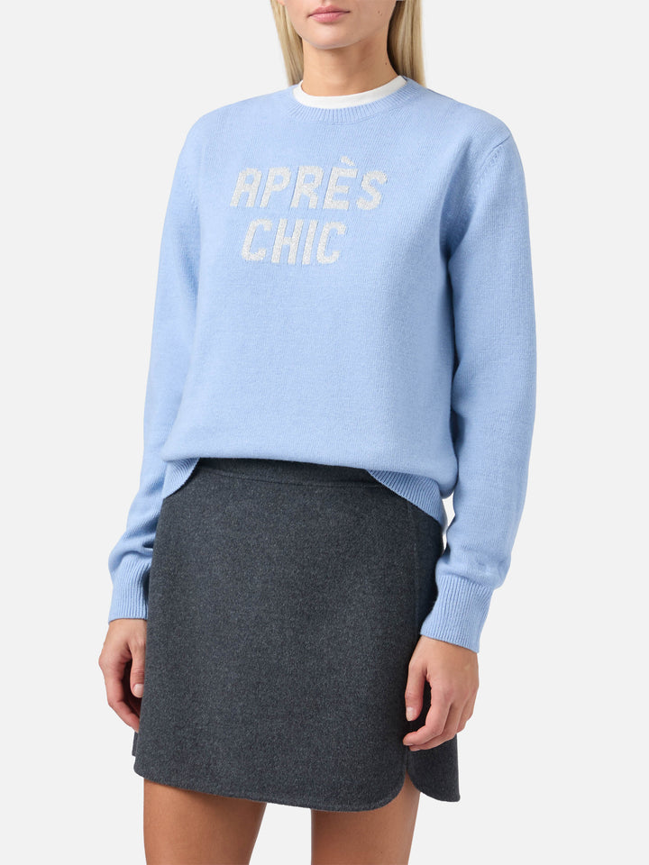 New Queen cashmere-blend sweater in light blue with Après Chic jacquard