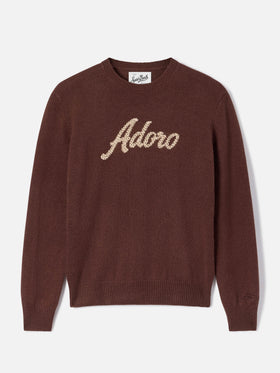 Brown New Queen crewneck knit with Adoro rhinestone embroidery
