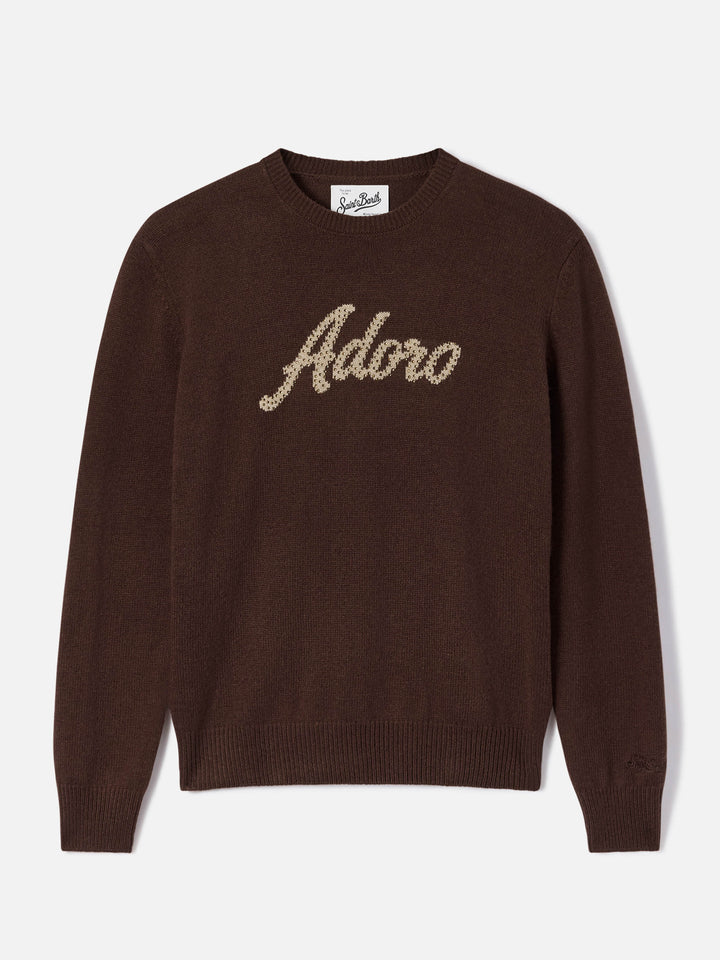 Jersey de punto con cuello redondo Brown New Queen con bordado Adoro de strass 