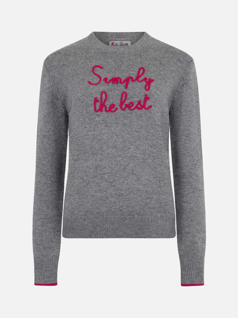 Woman grey sweater New Queen with Simply the Best embroidery