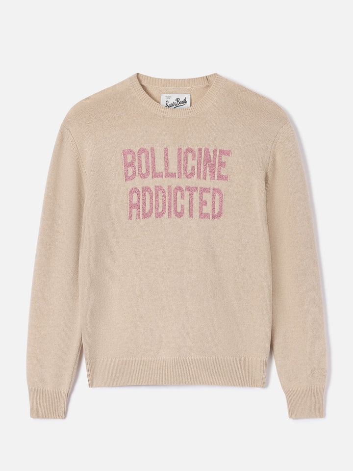Beige New Queen crewneck knit with Bollicine Addicted lurex embroidery