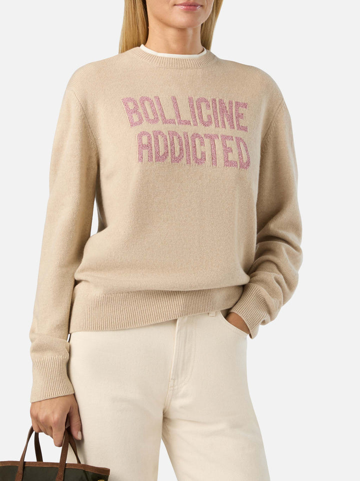 Jersey de punto de cuello redondo Beige New Queen con bordado lurex Bollicine Addicted 