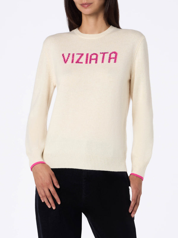 Woman white sweater New Queen with Viziata and strass print