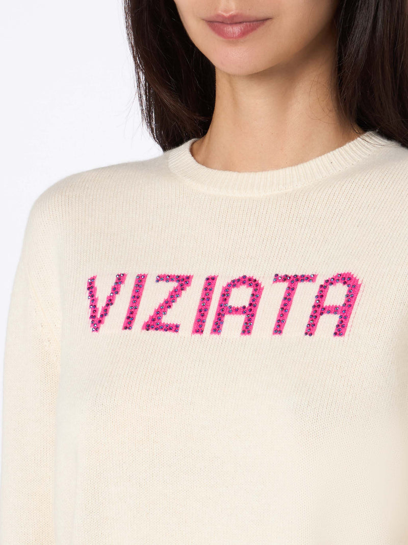 Maglione da donna bianco New Queen con stampa Viziata e strass