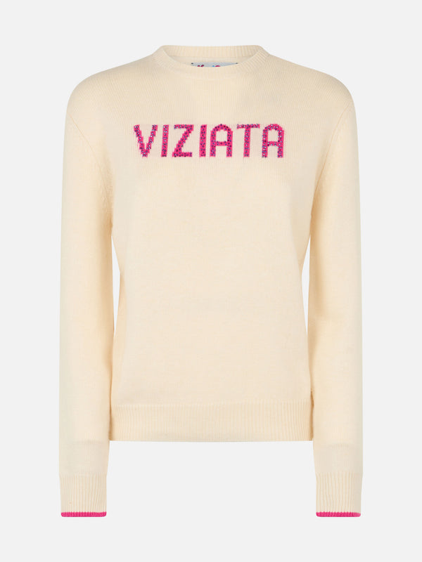 Woman white sweater New Queen with Viziata and strass print