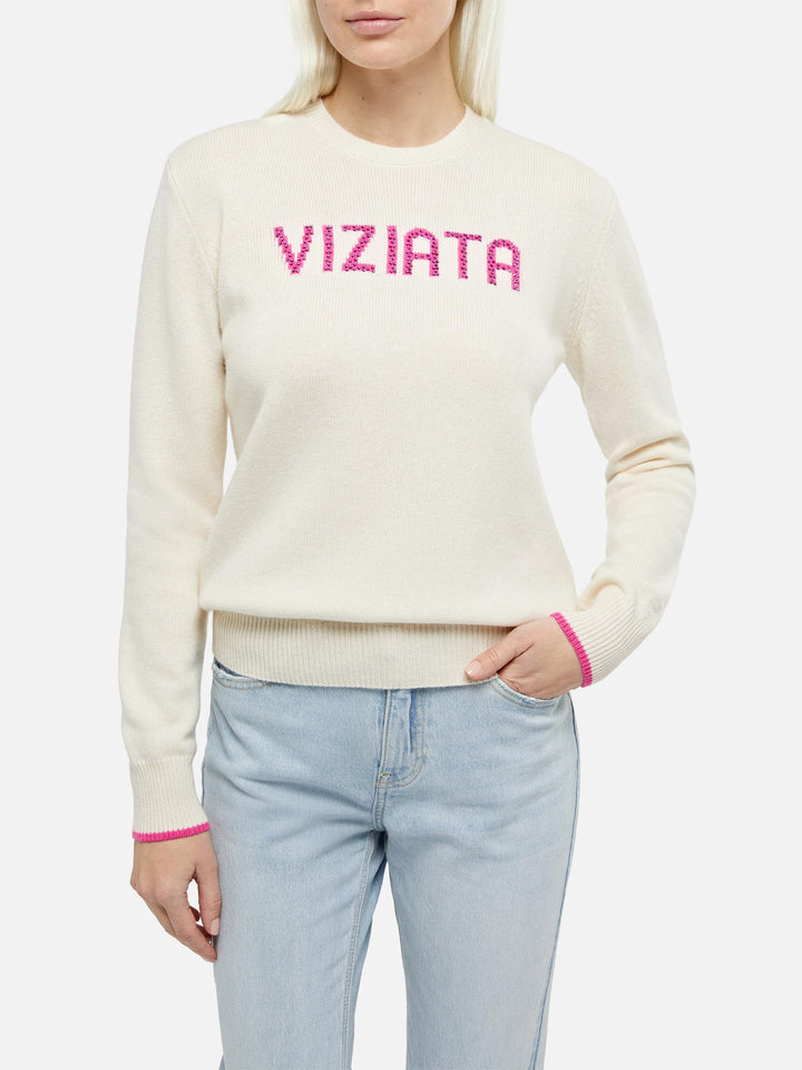 Woman white sweater New Queen with Viziata jacquard with rhinestones