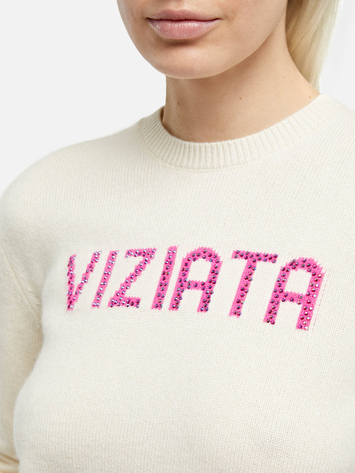 Woman white sweater New Queen with Viziata jacquard with rhinestones
