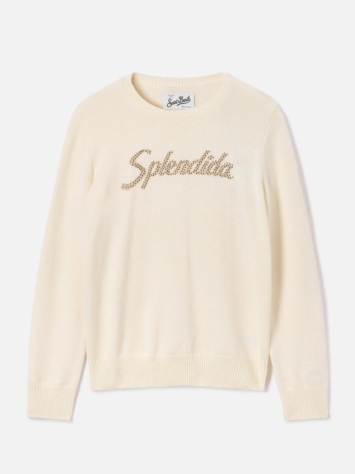 Off white New Queen crewneck knit with Splendida rhinestone embroidery